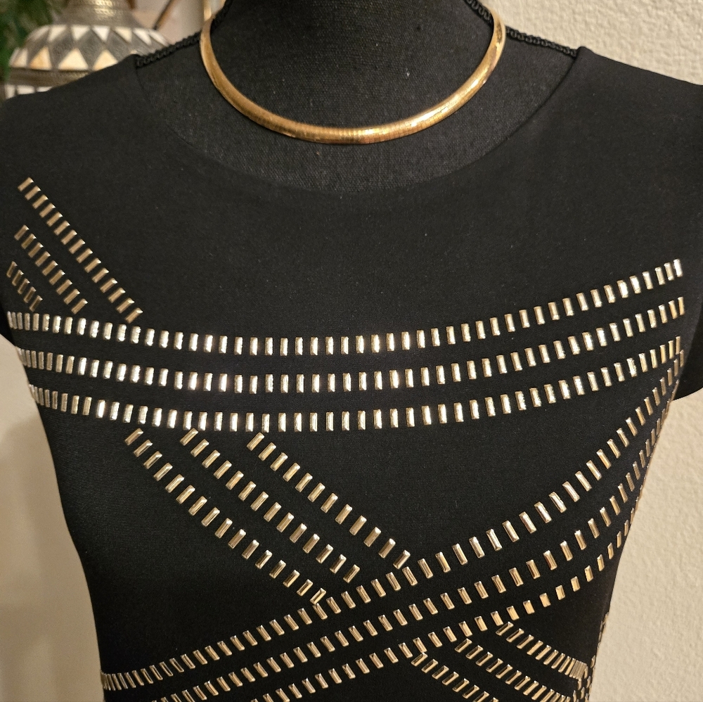 Thalia Sodi Black and Gold Studded Women's Stretch Lined Sheath Dress LIKE NEW - Picture 9 of 10